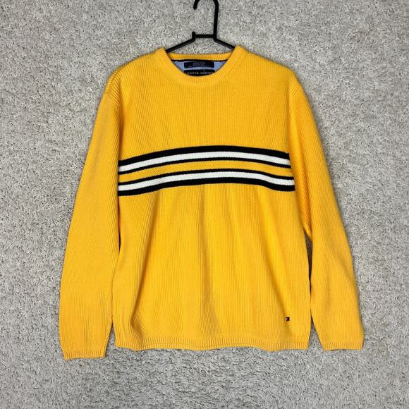 Tommy Hilfiger Sweater Mens Large Yellow Knit Grandpa Dad 90s Y2K Pullover - Picture 1 of 9